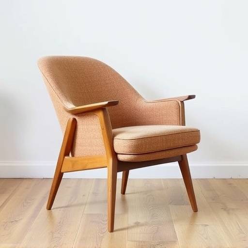 Mid-century modern armchair with a curved back and tapered wooden legs